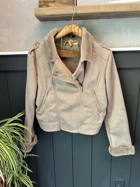 The Nines Faux Suede Faux Fur Moto Jacket Taupe Size L Super Soft Lined